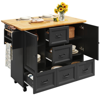 Kücheninsel mit Rollen & klappbarer Arbeitsplatte, Küchenwagen mit 5 Schubladen, Handtuchhalter & Gewürzregal, Sideboard 120cm, Weiß/Schwarz
