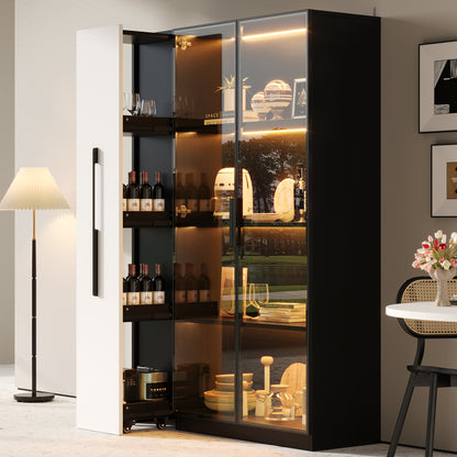 Multifunktionsschrank 110,5x35x160cm Vitrine mit LED-Beleuchtung, Seitenauszug & Glastür – Moderner Hochschrank in Schwarz-Weiß