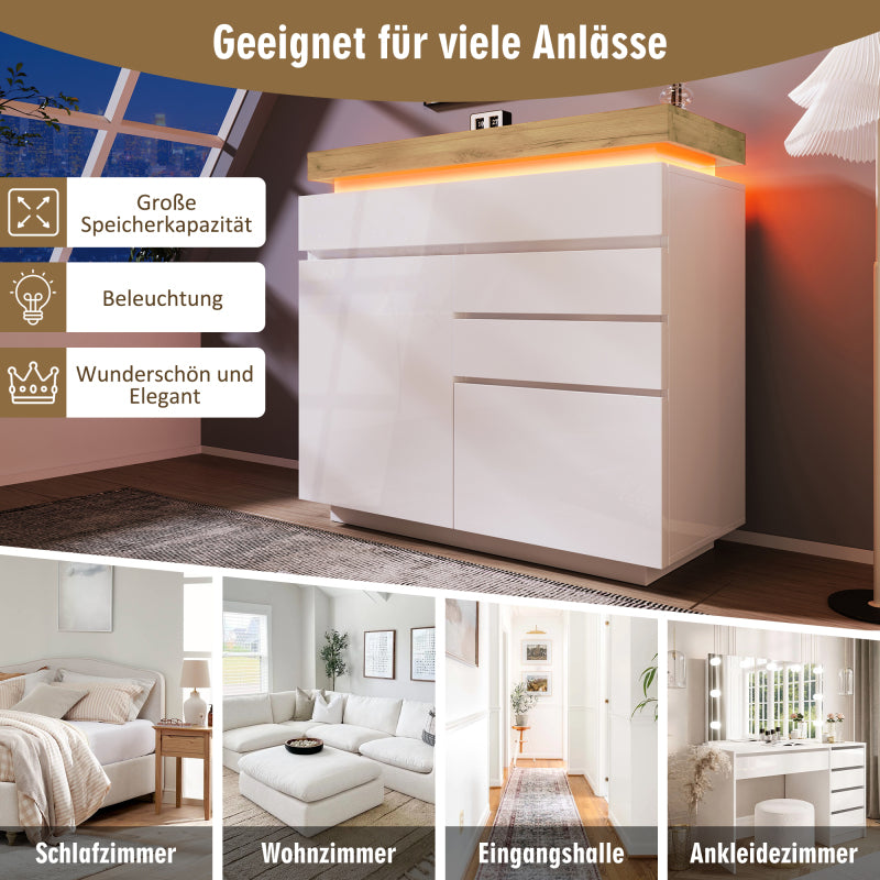 Kommode, Hochglanz Sideboard mit 2 Türen und 3 Schubladen, LED Beleuchtung (App Control), Mehrzweckschrank für Wohnzimmer und Schlafzimmer, 115 x 110 x 39 cm, Weiß