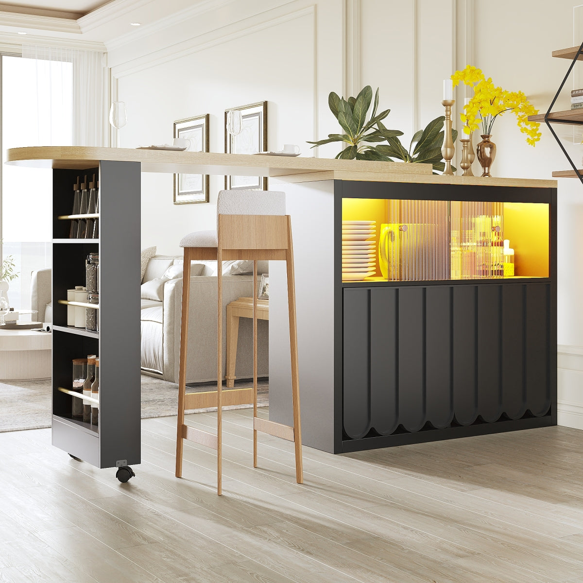 Ausziehbarer Bartisch 135-205cm mit LED & USB, Mobiler Hochtisch Schwarz, Teleskop-Kücheninsel mit Glas-Schiebetür & Soft-Close, Gestreift