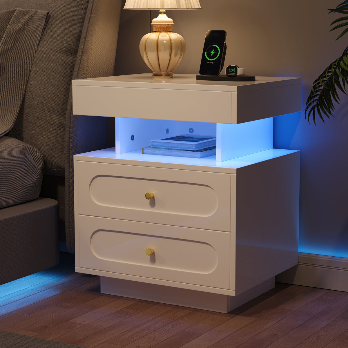 Nachttisch mit LED-Beleuchtung, Nachtkommode mit 2 Schubladen & offenem Fach, weißer Nachtschrank aus Spanplatte, B50×T40×H60 cm