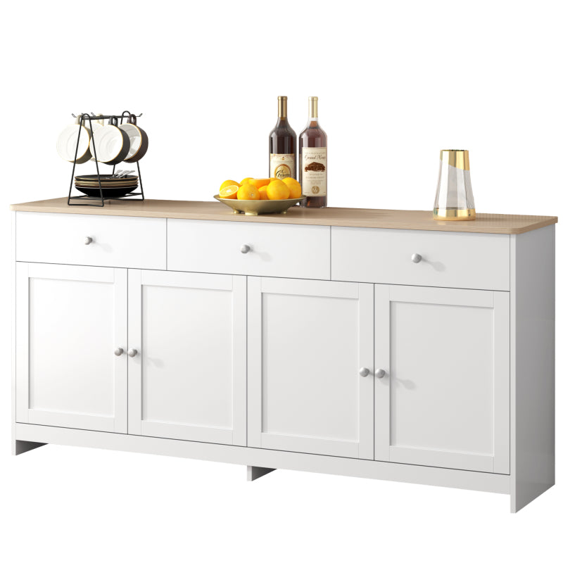 Sideboard mit weißer Holzmaserung, vier Türen, mit drei Schubladen, Wohnzimmer, Esszimmer. Holzfarbe und Weiß