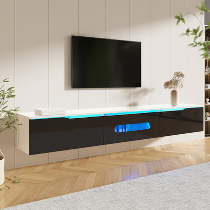 Schwarz-weißer TV-Schrank, 180 cm lang, Hochglanzoberfläche, mit 16-farbiger LED-Beleuchtung, wandmontierbar