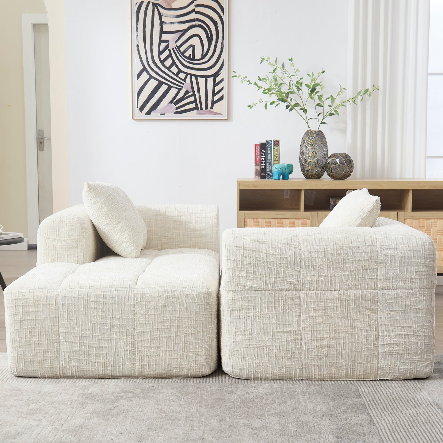 Modernes Sektionssofa, L-Sofa, 3-Sitzer-Sofa, keine Installation erforderlich, Chenille-Sofa mit Chaiselongue und Armlehnen, 3 Kissen, Seitentasche für Fernbedienung, Beige