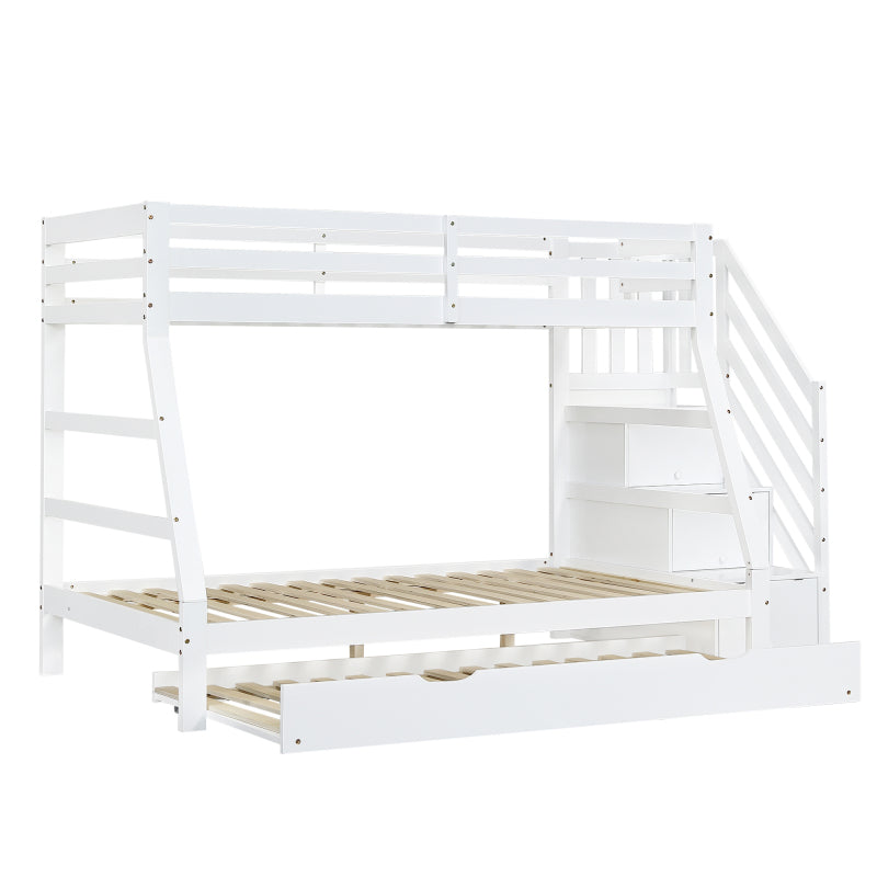 Etagenbett mit Rollbett, Kinderbett mit Leiterschrank und Handlauf, mit Fallschutzgitter an allen Seiten, Kiefer+MDF, Weiß, 90x190CM Rollbett, 90/120x200CM