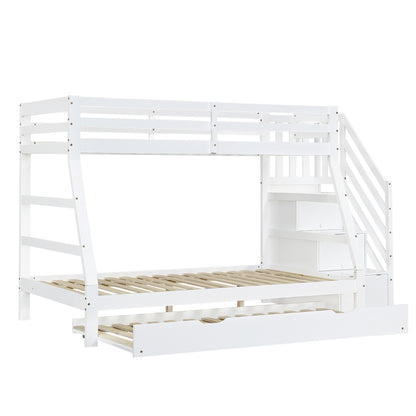Etagenbett mit Rollbett, Kinderbett mit Leiterschrank und Handlauf, mit Fallschutzgitter an allen Seiten, Kiefer+MDF, Weiß, 90x190CM Rollbett, 90/120x200CM