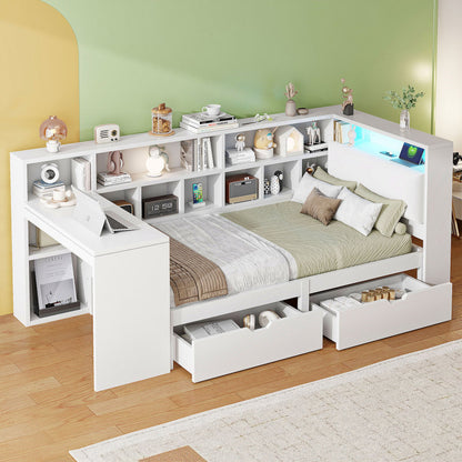 90x200 L-förmiges Holz-Plattformbett mit Schreibtisch und Bücherregal, Eck-Kapitänsbett mit gepolstertem Kopfteil, Schubladen unter dem Bett, LED-Licht - Weiß