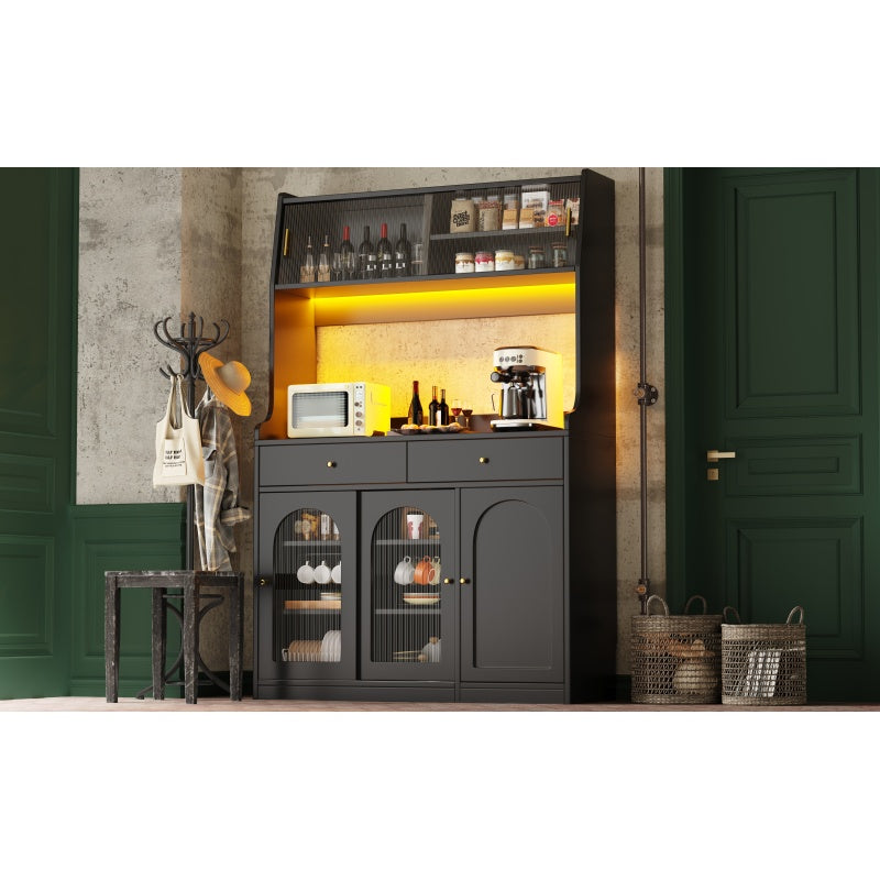 Küchenschrank, Esszimmerschrank mit 2 Schubladen, Sideboard mit LED-Beleuchtung, schwarz