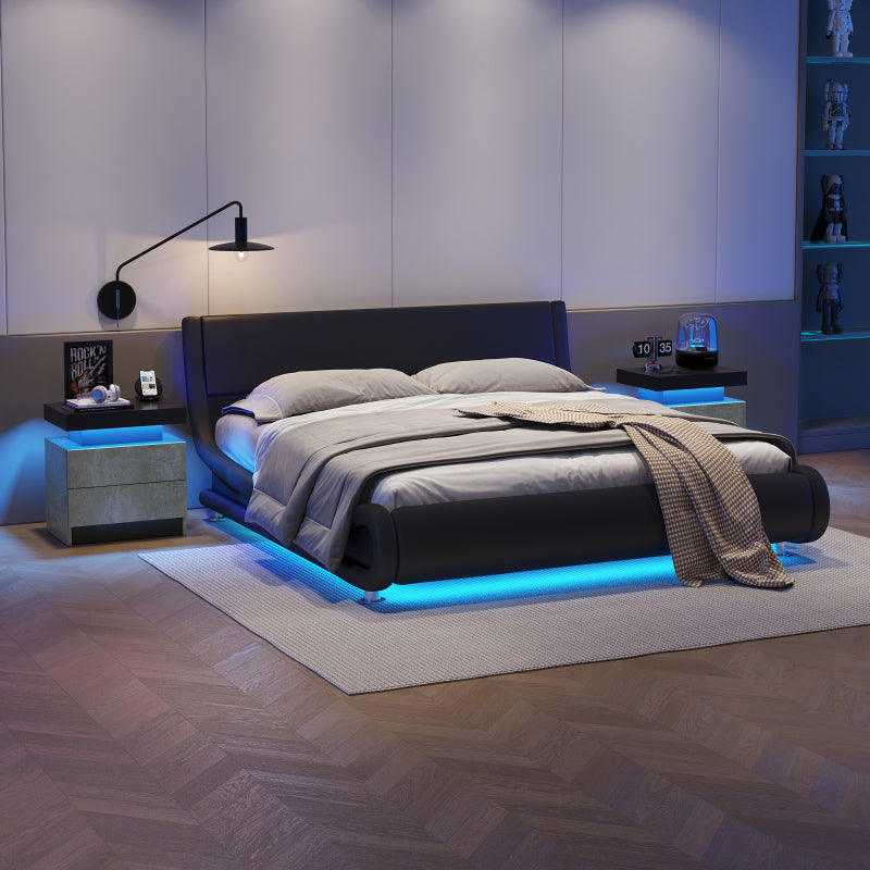 Nightstand LED Bedside Table Cabinet Lights Modern End Side with 2 Drawers for Bedroom (Gray)