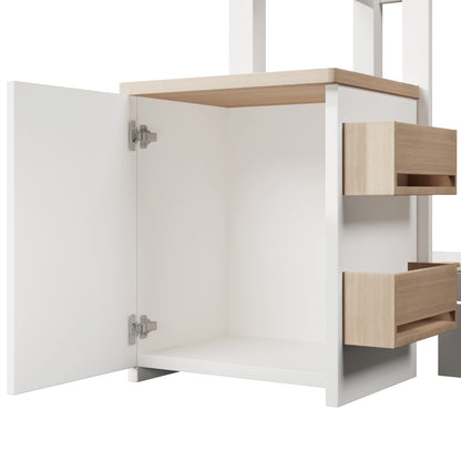 Hausbett Kinderbett 90x200 cm aus Massivholz mit Schubladen & abnehmbarem Nachttisch - Bodenbett in Weiß und Eichenweiß, ohne Matratze