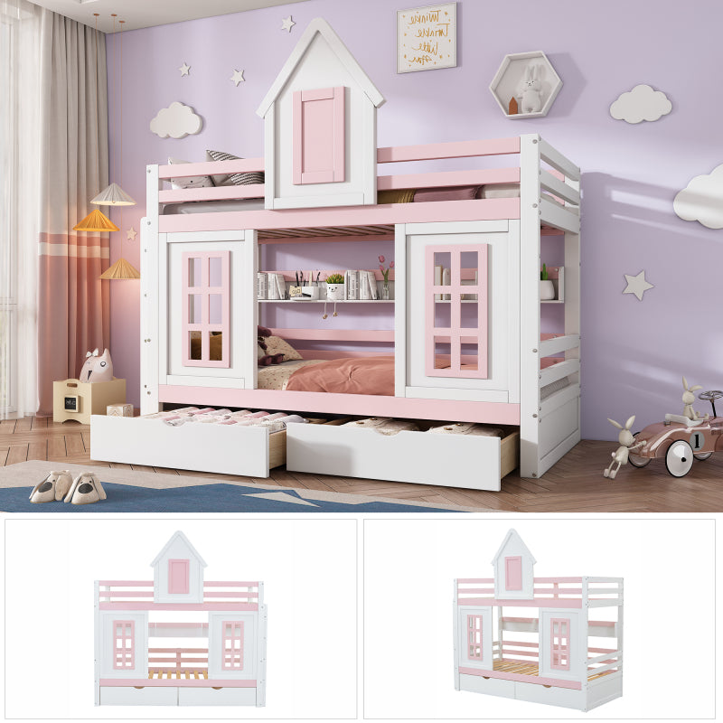 Etagenbett, Prinzessinnenbett, Kinderbett, Kinderbett mit Dach und Fenster, mit Fallschutzgitter, stabiles Geländer, Zwei Schubladen mit Rollen, Offenes Regal, Reichlich Stauraum, Kiefer+MDF,Weiß+Rose