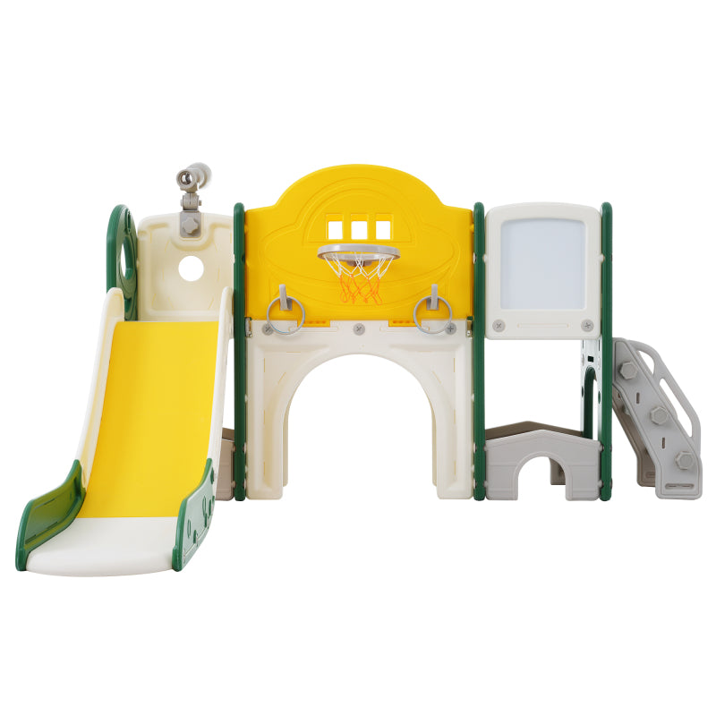 10 in 1 Kinderrutsche Kletterspielzeug, Multifunktionsrutsche Rutschen, freistehende Rutsche, Klettern, Bohrspiel, Stauraum, Spielkorridor, Basketballkorb, Lasso-Spiel, Reißbrett, Golfspiel, Teleskop