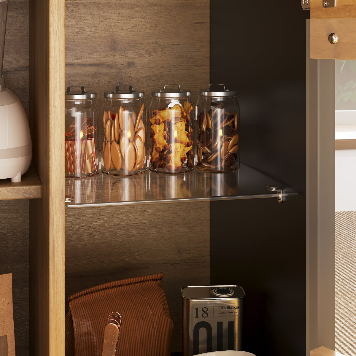 Ausziehbarer Esstisch 110-140x80cm mit LED-App-Steuerung & USB, Küchentisch Schwarz/Natur mit Glas-Schranktüren & Snackregal