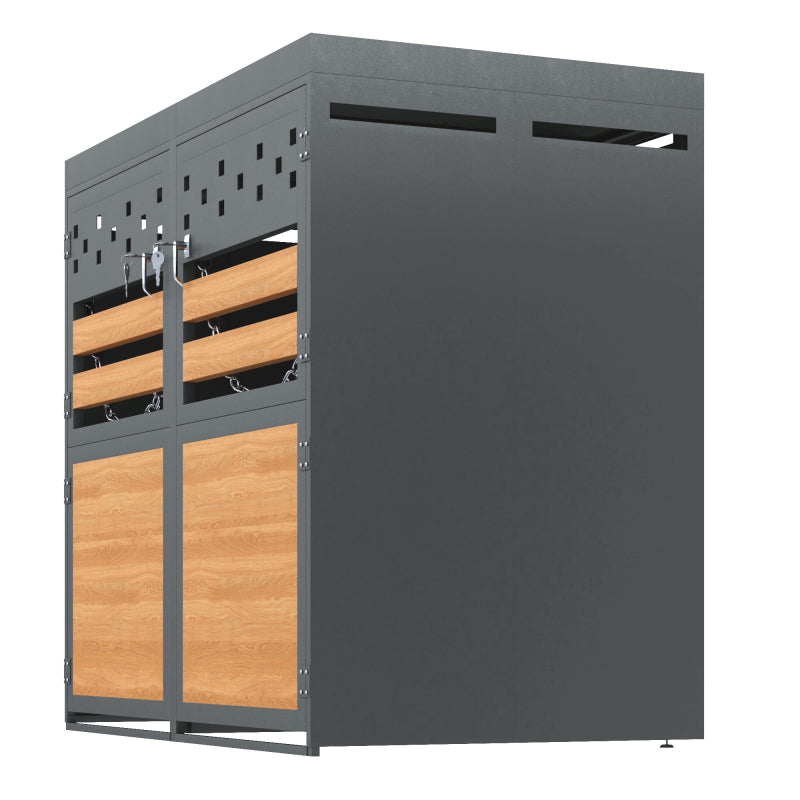 Mülltonnenbox 2er mit Pflanzdach, 120-240 Liter, Anthrazit  Tür in Holzoptik inkl. Erweiterungsmöglichkeit ,Aufbewahrungsbox für Mülltonnen, Müllbox (Das Produkt enthält keinen eingebauten Mülleimer)