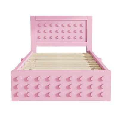 Holzbett Einzelbett 90x190 cm, Kinderbett Jugendbett mit Kreativem Block Design, Massivholz Bettgestell mit Lattenrost, mit Schubladen & Unterm Bett Stauraum, Rosa, Ohne Matratze