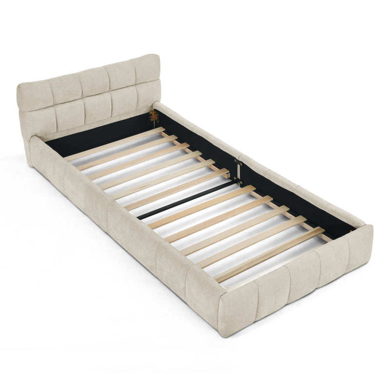 Einzelbett 90*200 cm, Kinderbett mit seidig weichem Chenille - Bezug, quadratischem Steppdesign, Beige (ohne Matratze)