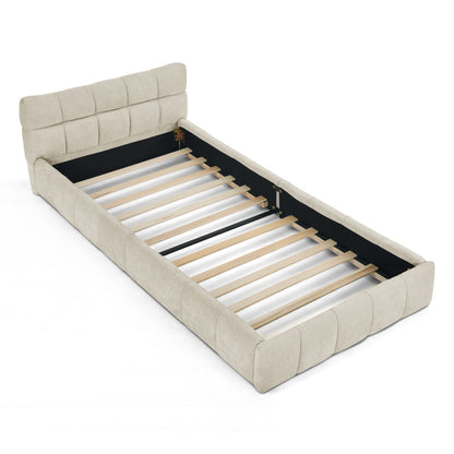 Einzelbett 90*200 cm, Kinderbett mit seidig weichem Chenille - Bezug, quadratischem Steppdesign, Beige (ohne Matratze)