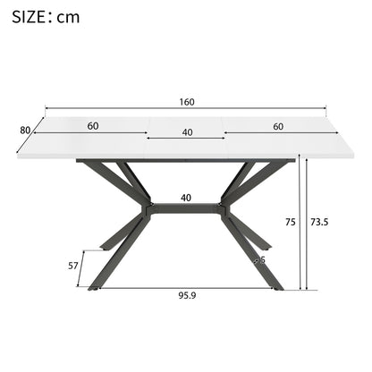 Weißer Erweiterbarer Esstisch 120/160*80 cm, Tischbeine aus schwarzem Metall