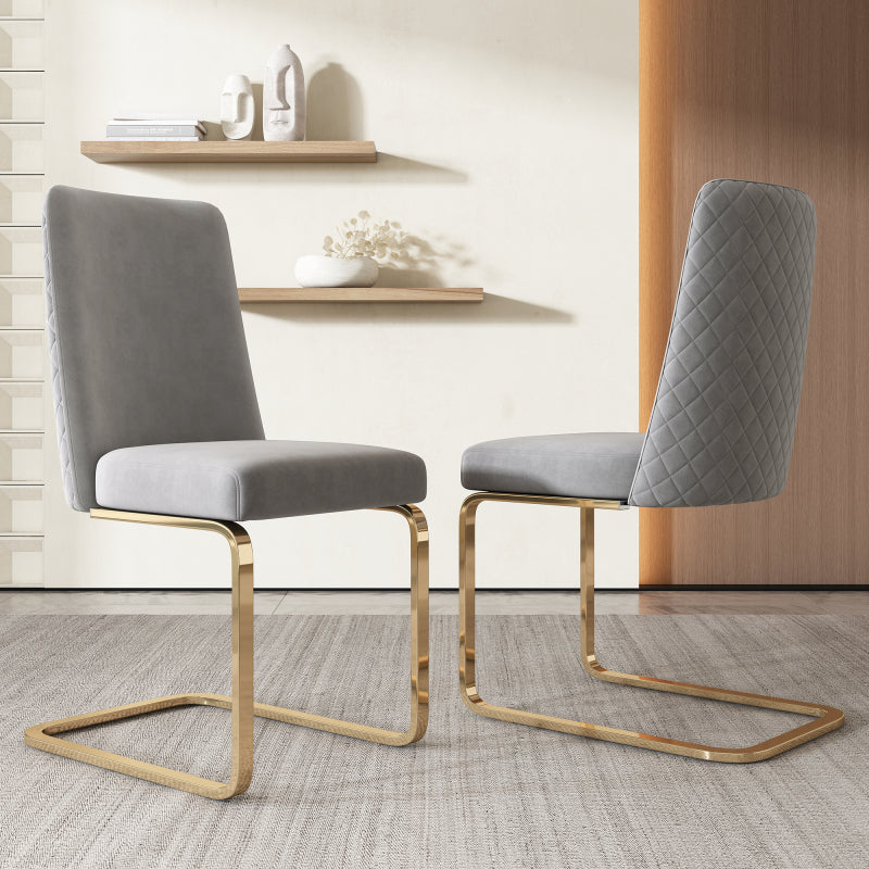 Samt-Esszimmerstuhl, 2er-Set, Lounge-Sessel, Diamant-Rücken-Design, mit goldfarbenen Metall-Stützbeinen, Grau