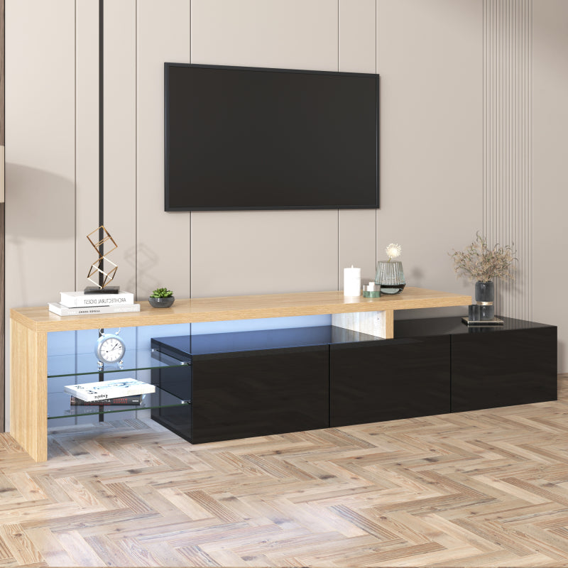 Modernes TV-Schrank-Design: Stilvolle Eleganz, praktischer Stauraum, Hochglänzendes Schwarz, Holzoptik, Glasböden, LED-Beleuchtung