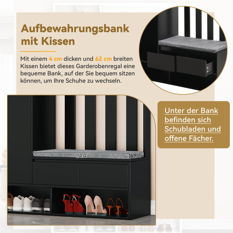 Flurgarderobe mit gepolsterter Aufbewahrungsbank, multifunktionaler Flur-Schuhschrank mit Stecktafel, moderne Garderobe mit 4 Haken für Eingangsbereich, Waschküche, Schwarz,H180/B100/T35 cm