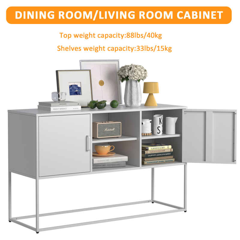 Weißer Metall-Akzent-Schrank, Sideboard-Buffet und Aufbewahrungs-Schrank-Safe, Robuster Metallbau mit stilvollem Weiß,  H 75 cm × B 120 cm × T 40 cm