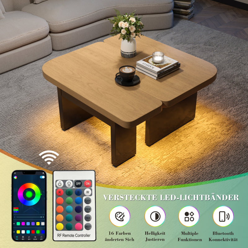 Moderner Couchtisch mit LED-Design aus umweltfreundlichem Holz, 2-in-1-Design, weiche Rundungen, höhenverstellbare Füße