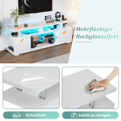 Moderner Low-Panel-Hochglanz-TV-Ständer mit LED-Beleuchtung, TV-Panel, TV-Glasschrank für 60-Zoll-Fernseher, Tische, universelle Gaming-Medienständer, Stauschränke und große Stauräume, Reinweiß