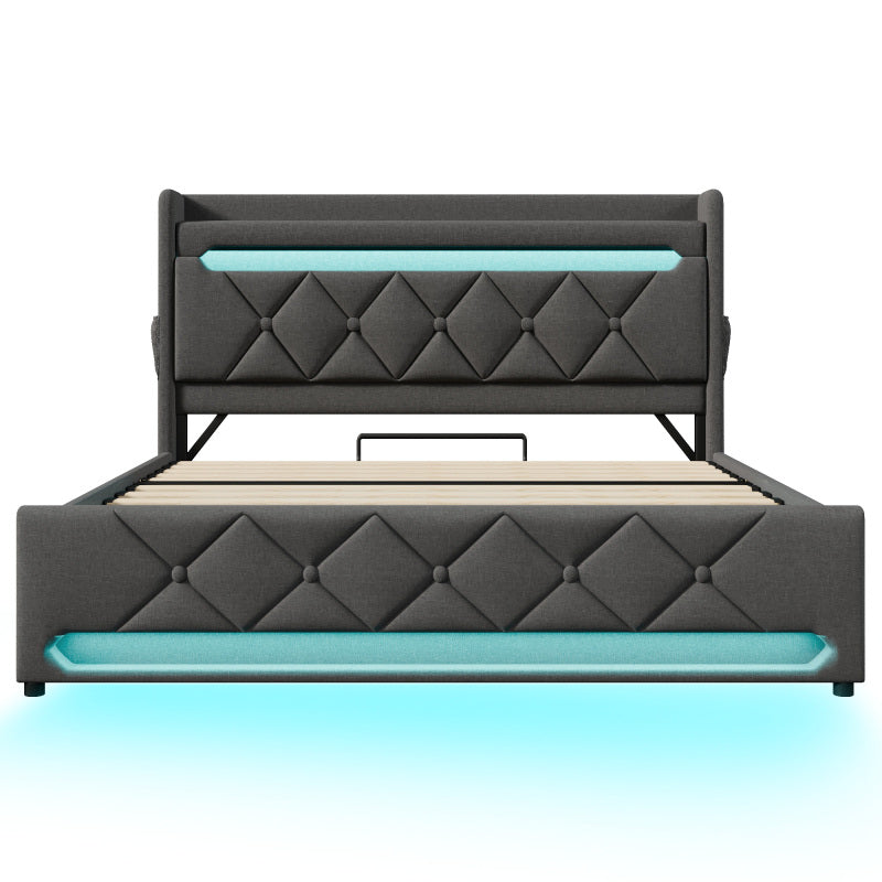 Polsterbett Doppelbett 180*200, Stauraum Kopfteil mit USB und Typ C-Port ,360-Surround-LED-Funktion rund um Kopf- und Fußende des, Betten mit Hydraulisch Stauraum, Grau , Leinen(Ohne Matratze)