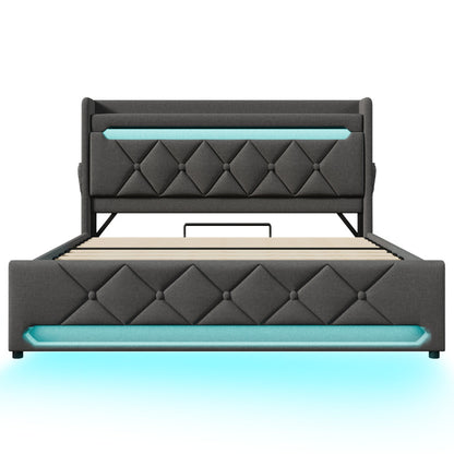 Polsterbett Doppelbett 180*200, Stauraum Kopfteil mit USB und Typ C-Port ,360-Surround-LED-Funktion rund um Kopf- und Fußende des, Betten mit Hydraulisch Stauraum, Grau , Leinen(Ohne Matratze)