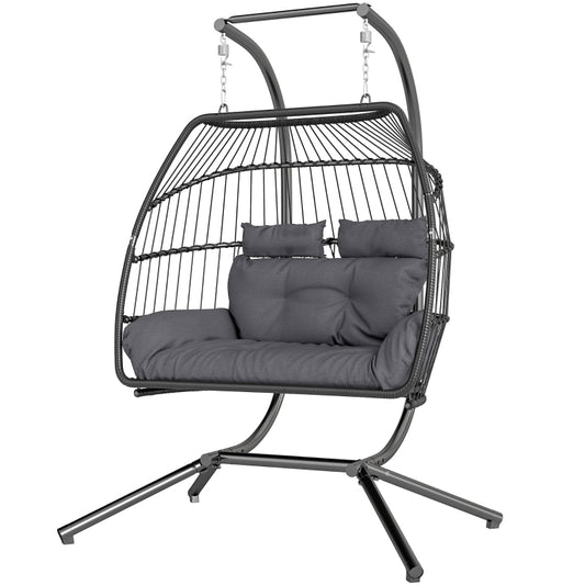 Hängesessel mit Gestell faltbar Hängekorb mit Kissen, Polyrattan, für 2 Personen, belastbar bis 260kg Sessel für Balkon Terrasse, Dunkelgrau