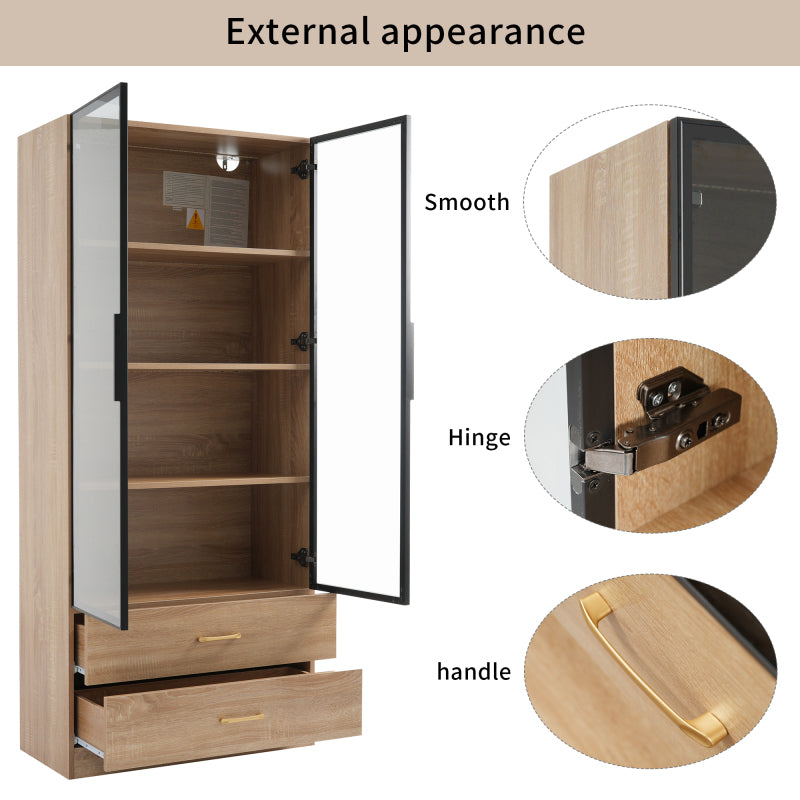 Badezimmerschrank, mittel, mit Lichtleiste, 75 cm breit, mit 2 großen Schubladen und 2 Türen, Glastür