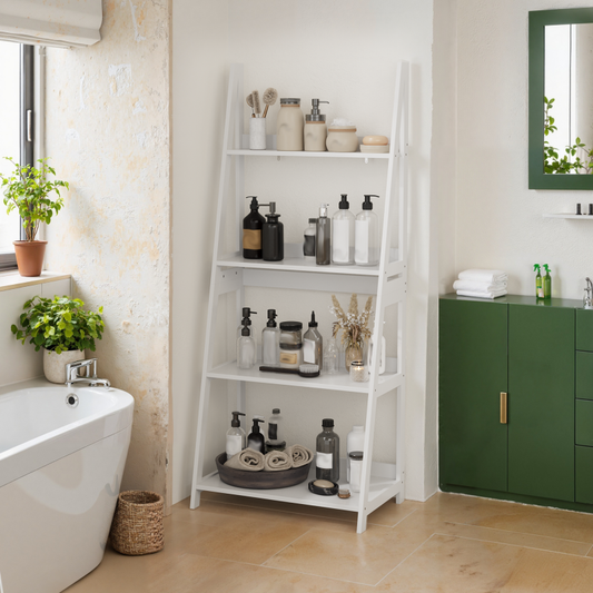 4-lagiges Leiter-Bücherregal, offener Bücherregal-Organizer & Aufbewahrungsständer für Bad, Homeoffice & Wohnzimmer, freistehend, weiß