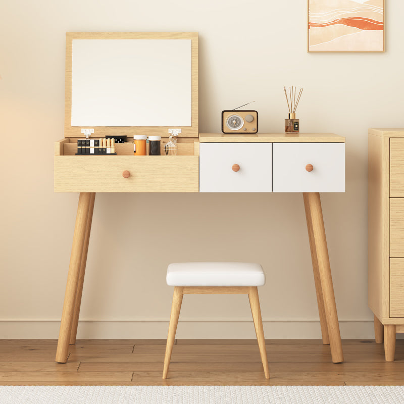 Schminktisch, Kosmetiktisch Mit Spiegel, Schminktisch aus Holz Mit Schubladen, geteilter Stauraum, große Lagerkapazität - Maße:B100/H78/T40 cm(ohne Hocker)(OLD SKU: WF319875AAW)