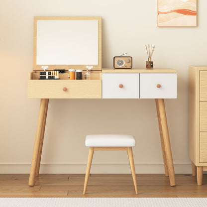 Schminktisch, Kosmetiktisch Mit Spiegel, Schminktisch aus Holz Mit Schubladen, geteilter Stauraum, große Lagerkapazität - Maße:B100/H78/T40 cm(ohne Hocker)(OLD SKU: WF319875AAW)
