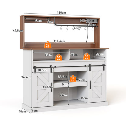 Kaffeebar 120 cm mit Gläserhalter & Steckdosen, Sideboard im Landhausstil mit Schiebetüren – Weiß/Natur