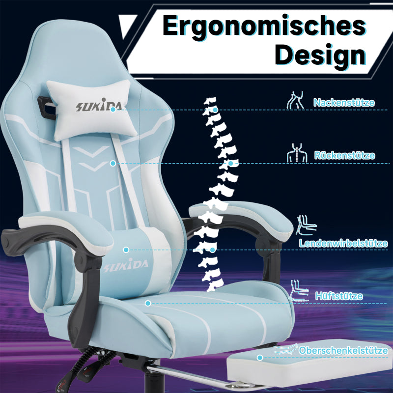 Gaming Stuhl Computerstuhl Ergonomischer Gaming Chair mit Fußstütze Bürostuhl Ergonomischer Computerstuhl mit Lendenwirbelstütze Bluewhite
