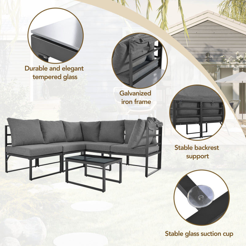 Garten Loungesessel Set, Iron Sunny Island Sitzgruppe Hocker und Tisch mit Markise 4er Set Balkon und Garten Loungemöbel Terrassenmöbel Wetterfest Grau Inkl. aller Kissen(previous sku:HW24006AAA)
