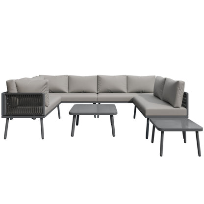 Eisen Garten Loungesessel Set, U-förmiges Gartenmöbel Set, balkon möbel, Wetterfestes Outdoor Ecksofa, terassenmöbel außen, für 8 Personen, mit 2 Tischen und 4 Zweisitzer-Sofas, Kissen inklusive, vers
