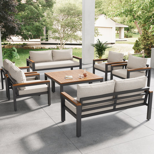 Loungeset, Gartenmöbel-Set mit Rahmen aus verzinktem Stahl, (breites Set, 8-teiliges Esstisch-Set, 2x 2-Sitzer-Sofa, 4x Einzelstühle, 2x Tisch), Akazienholz Tischplatte und Armlehnen,Beige