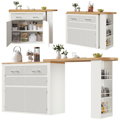 Ausziehbarer Bartisch Weiß (137-215cm) - Moderner Teleskop-Hochtisch mit Schublade & 2 Regalen - Bewegliche Kücheninsel & Bistro Table