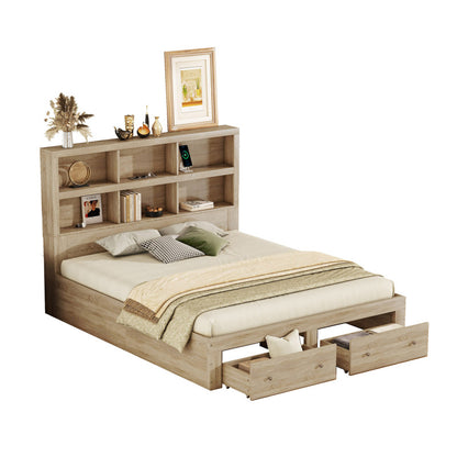 160*200 cm Doppelbett, Kingsize-Plattformbett mit zwei Schubladen am Fußende des Bettes, Kopfteil mit Stauraum, Natur