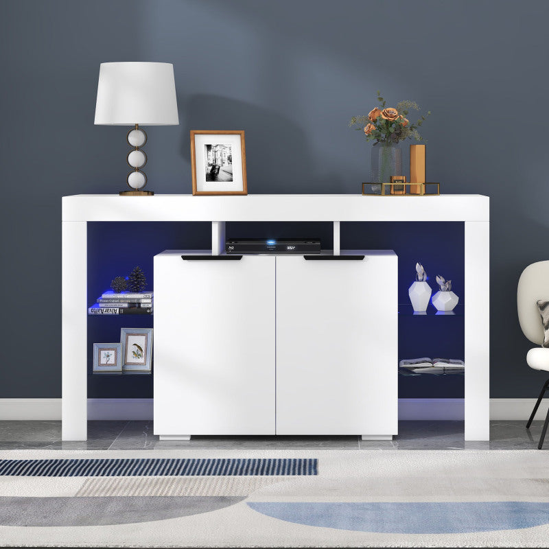 Hochglanz-LED-Sideboard, Küchenschrank, Schrank, Buffet-Aufbewahrung, Servertisch mit LED-Leuchten, Hochglanz-Buffetschrank mit 4 Glasböden und 2 Tür, Vitrine für Wohnzimmer, Eingangsbereich