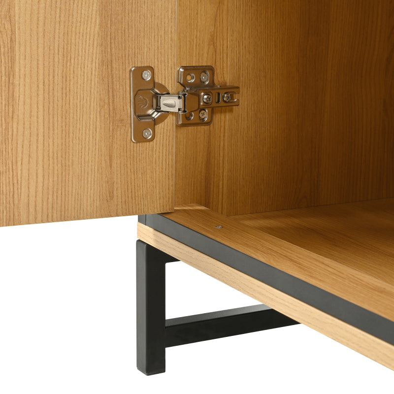 Sideboard mit drei Schubladen, exquisite Maserung. Modernes Sideboard in Holzfarbe mit Ablagefächern – stilvolle und funktionale Wohnmöbel. Schwarz und Holzfarbe.