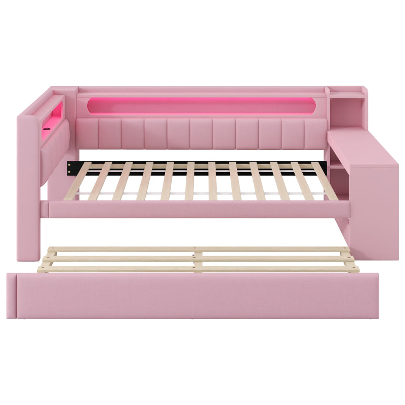 Gepolstertes 90x200 Tagesbett mit USB-Anschlüssen und LED-Gürtel, mit Ausziehbett und Schreibtisch, Rosa
