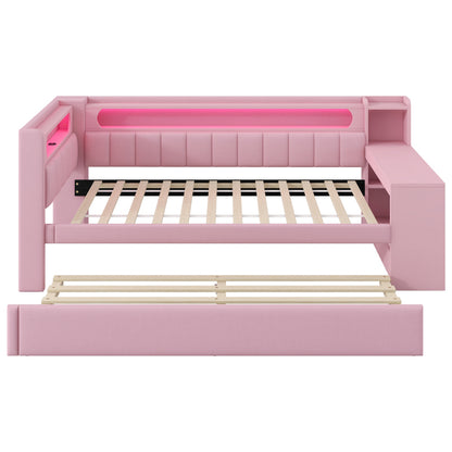 Gepolstertes 90x200 Tagesbett mit USB-Anschlüssen und LED-Gürtel, mit Ausziehbett und Schreibtisch, Rosa