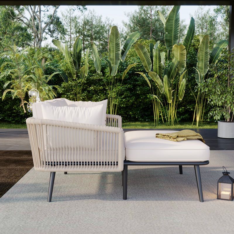 Gartensofa mit 2 Kissen und 2 Polster, Sonnenliege im Außenbereich, Gartenlounge, Kissen sind abnehmbar und waschbar, Beige