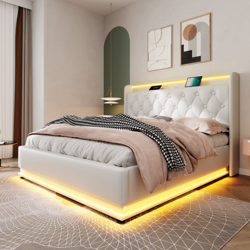 Polsterbett Doppelbett, 360-Surround-LED-Funktion, Drucktaste/App/Fernbedienung, 160*200 cm, weiß PU-Material Hydraulisches Lagerbett, gepolstertes Kopfteil mit USB Typ-C Ladefunktion (Mit Matratze)