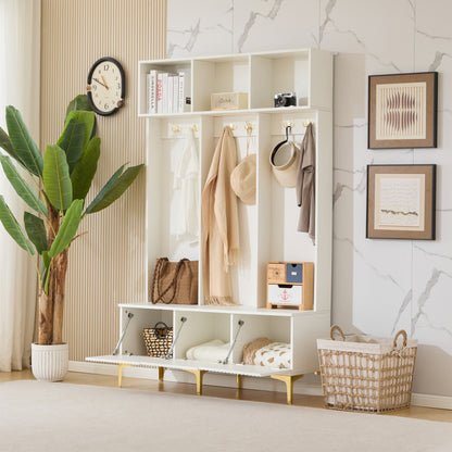 Garderobenset mit Bank, multifunktionale Aufbewahrungsbank, offene Aufbewahrung,6 goldene Haken und Füße, geeignet für Flur, Wohnzimmer, weiß, B120/D40/H191.5CM