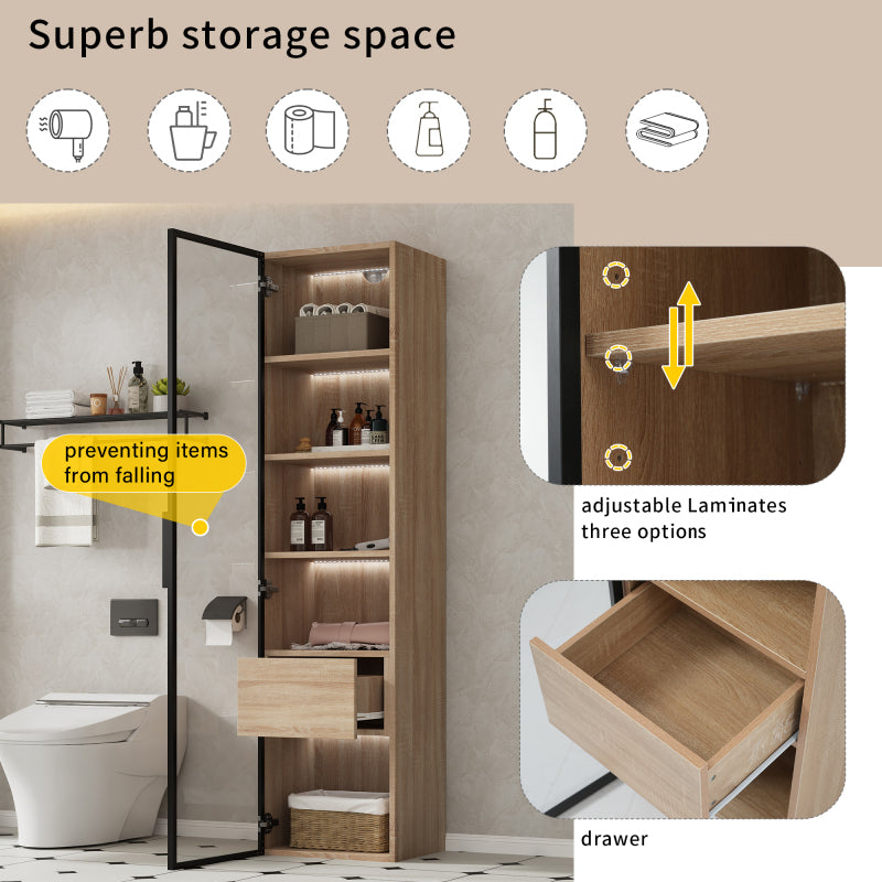 Badezimmerschrank, mittel, mit Lichtleiste, 40 cm breit, mit 1 großen Schubladen und 1 Türen, Glastür